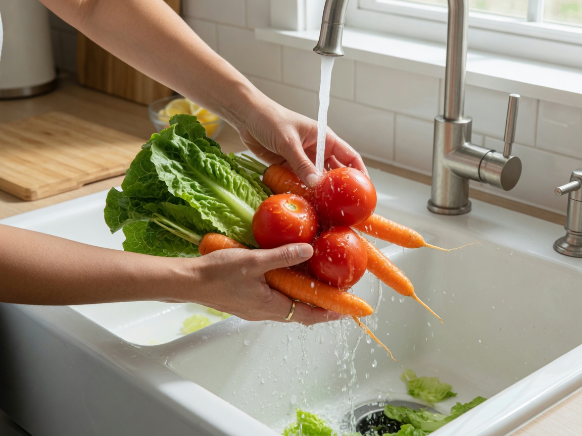 Ръце мият моркови, домати и марули под течаща вода от кухненски кран